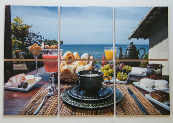 Breakfast in a tropical hotel. Ceramic mural composed of 6 glossy tiles. 51,5cmx36,5cm (20,25