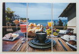 Breakfast in a tropical hotel. Ceramic mural composed of 6 glossy tiles. 51,5cmx36,5cm (20,25"x14,25"). Framed tile mosaic/Backsplash tiles.