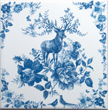 Ceramic tile, deer and flowers in blue colors