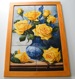 "An antique Chinese vase with yellow roses." Framed tile mosaic/Kitchen backsplash. - ArtisTile Ceramic