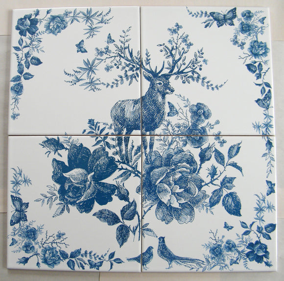 Deer & flowers in blue colours. Handmade tile mural composed of 4 glossy ceramic tiles 8