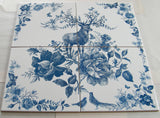 Cerfs et fleurs aux couleurs bleues. Murale en carrelage faite à la main composée de 4 carreaux de céramique brillants 8" x 8". Dosseret de cuisine.