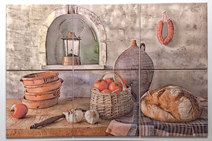 <tc>Dosseret en céramique pour cuisinière de style rustique. Murale composée de 6 tuiles de porcelaine de haute qualité 8"x8" (20cm x 20cm) au fini brillant.</tc>