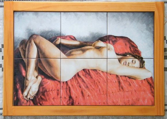 Woman sleeping on the red bedsheet, Framed ceramic tile mosaic