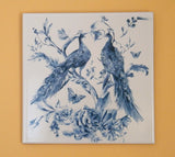 Vintage-style wall decor on ceramic tile. Painting with 2 peacocks in blue colors. -Ceramic wall art. Retro-style pattern in blue colors. - ArtisTile Ceramic