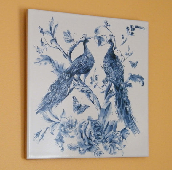 Painting with 2 peacocks in blue colors. Ceramic tile