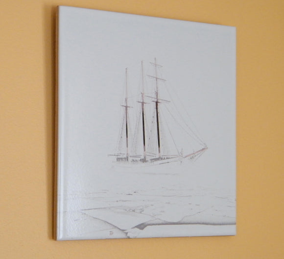  Digital pencil sketch. Sailboat. Ceramic tile